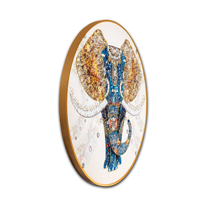 The Udaipur Elephant Framed Round Crystal Glass Decorative Colorful Paintings for Living Room & Wall Decoration items (Pearl Work)