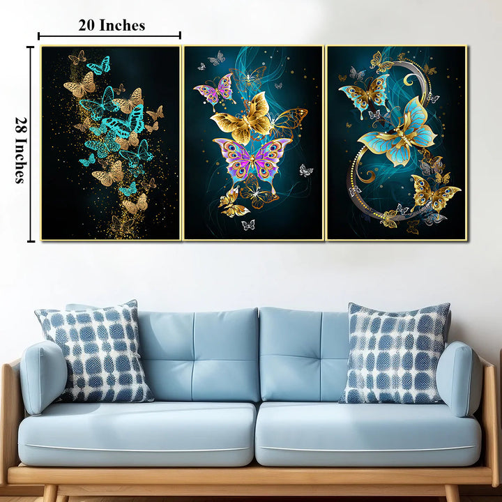 3 Panel Royal Butterflies Framed Canvas Wall Paintings