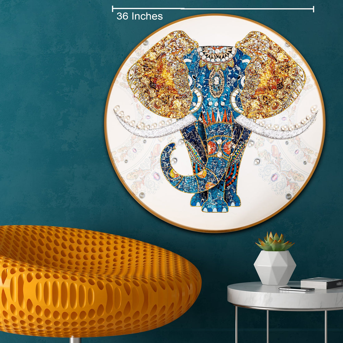 The Udaipur Elephant Framed Round Crystal Glass Decorative Colorful Paintings for Living Room & Wall Decoration items (Pearl Work)