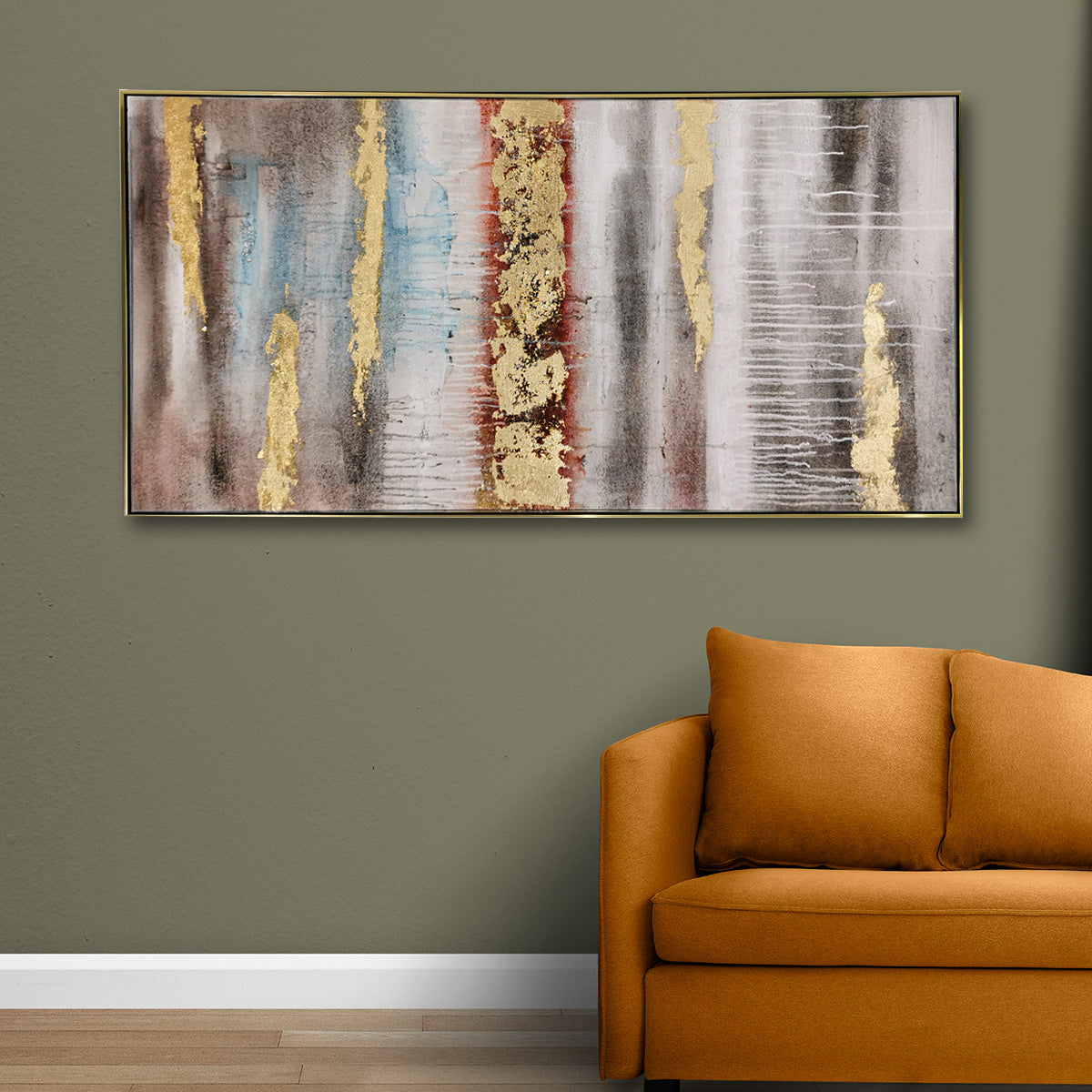 The Grand Canyon Pink and Gold Foil Abstract 100% Hand Painted Wall Painting (With Outer Floater Frame) (56 x 28 Inches)