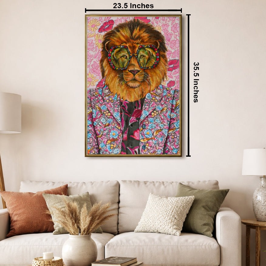 Glamorous Grove: The Dapper Lion by Heather Perry 100% Hand Wall Painting For Home (With Outer Floater Frame frame) ( 35.5 x 23.5 Inches )
