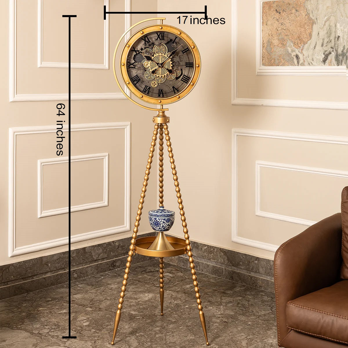 Moon Phase Tripod Base Luxury Designer Floor Clock With Moving Gear Mechanism - (Ribbed) (Gold) (Steel Body)