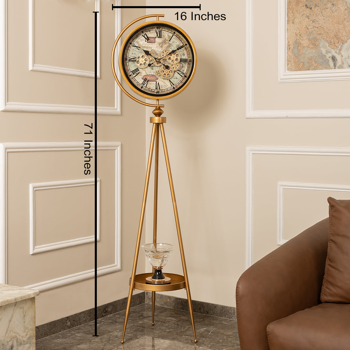 Timeless Tradition Tripod Base Luxury Designer Floor Clock With Moving Gear Mechanism (Steel Body)