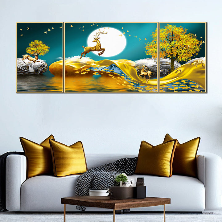 Mystical Moonlight Set of 3 Framed Canvas Wall Paintings for Home - Yellow