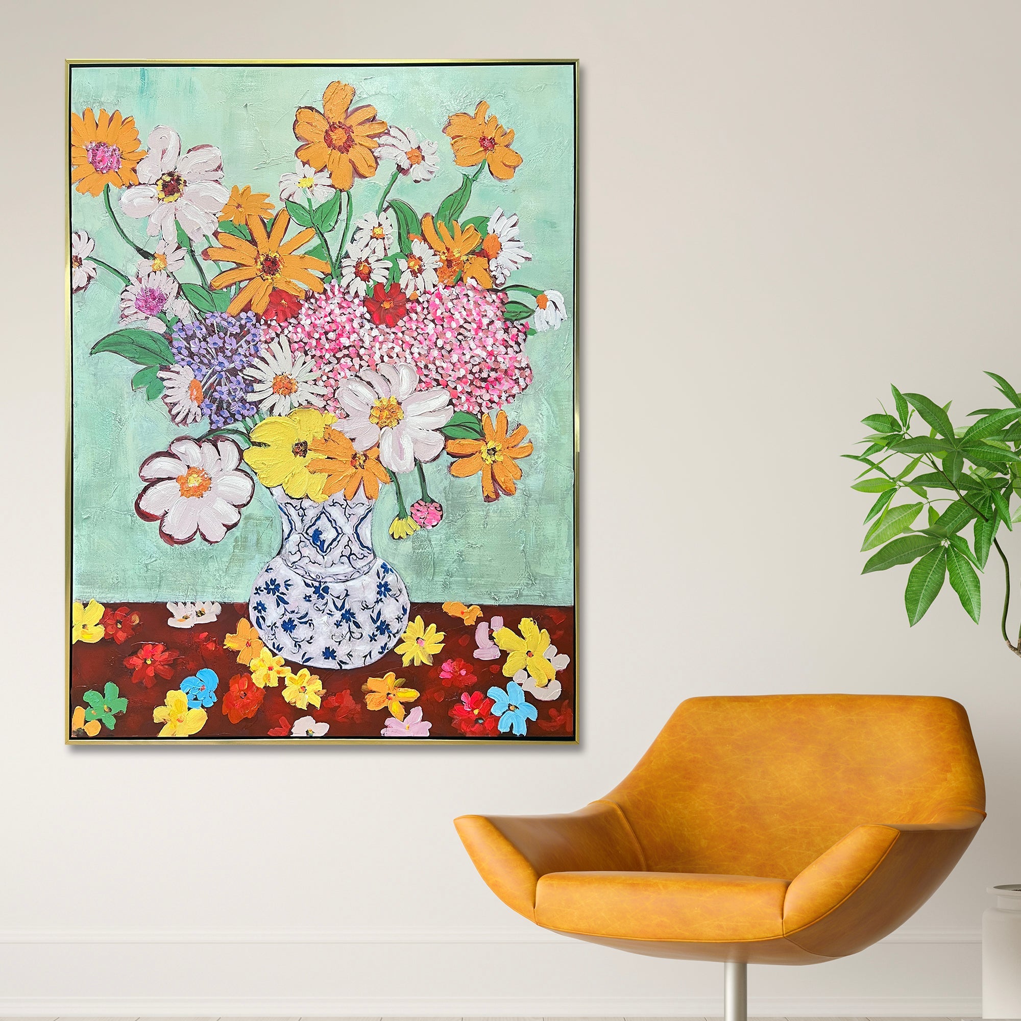 Charming Floral Haven 100% Hand Painted Wall Painting & Wall Decor Item (With outer Floater Frame)  (47x35.5 Inches)