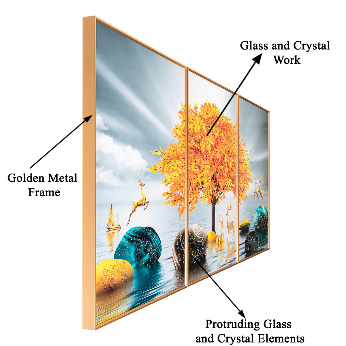 The Golden Glory Framed Crystal Glass Nature Painting - Set of 3