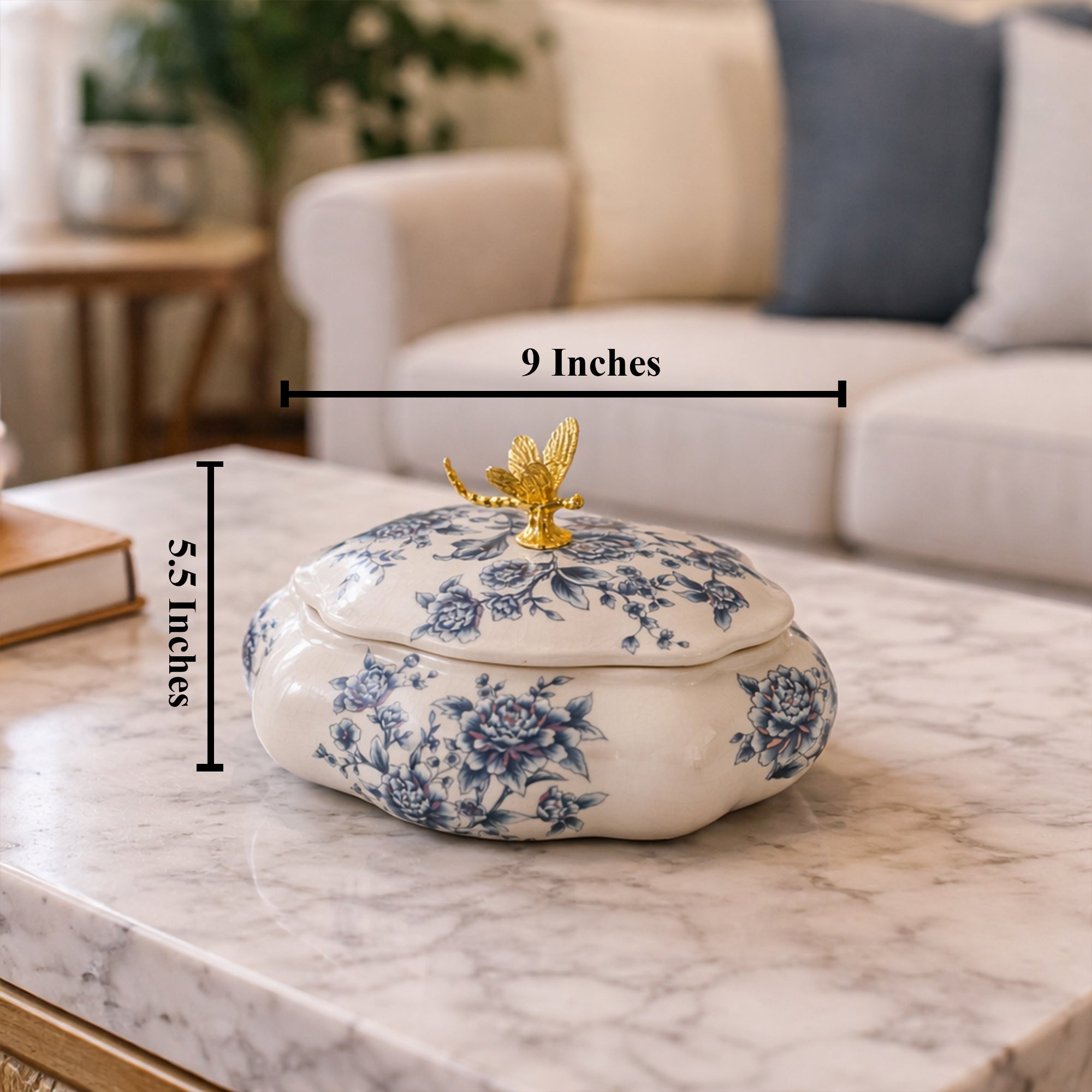 Golden Butterfly Blossom Jar & Showpiece & Item for Home Decoration - Blue