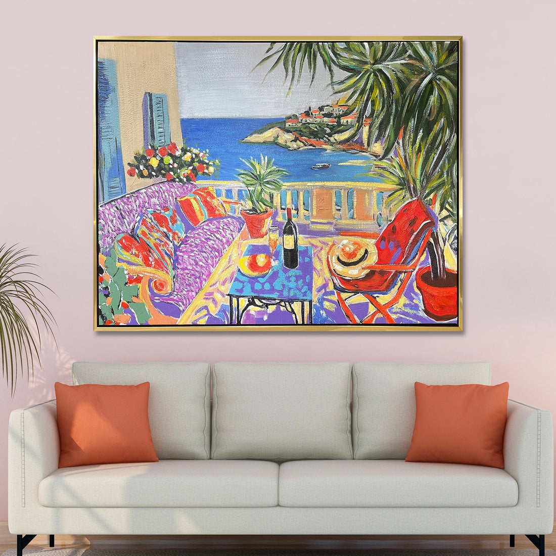 Coastal Lounge Vista 100% Hand Painted Wall Painting & Wall Decor Item (With outer Floater Frame) (27.5x40 Inches)