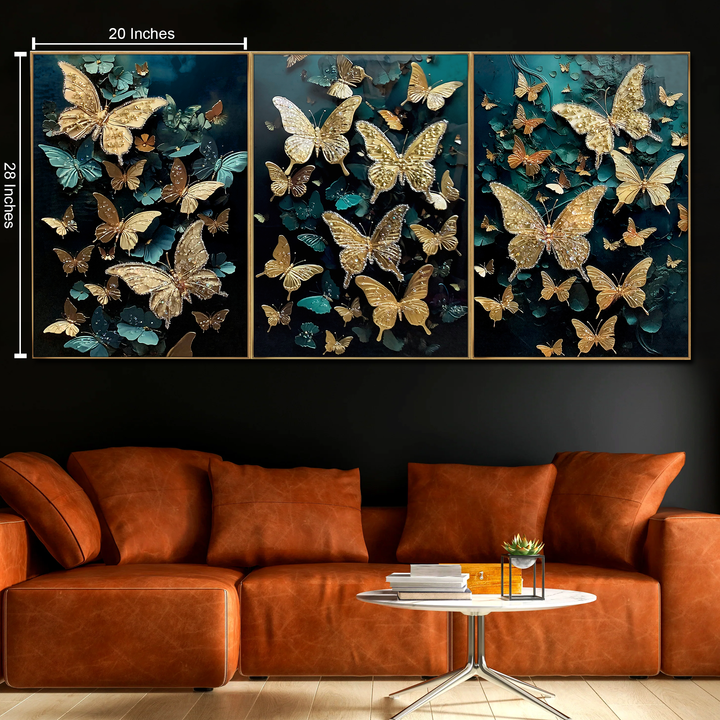 Fluttering Dreams of Butterfly Crystal Glass Decorative Wall Painting for Home Decor - Set Of 3