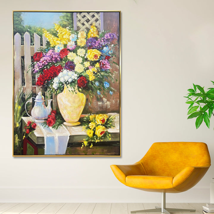 Garden Blossom Delight Hand Wall Decor Paintings for Home (With outer Floater Frame) (34x45.5 Inches)