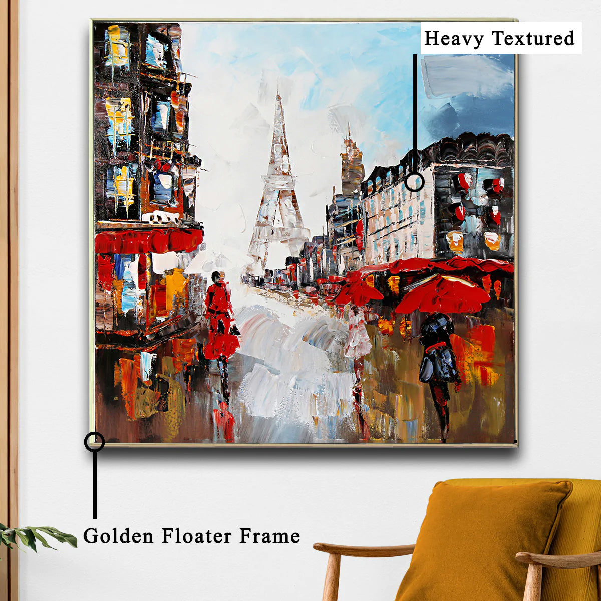 A Stroll in Paris 100% Hand Painted Wall Painting (With Outer Floater Frame) (40x40 Inches)