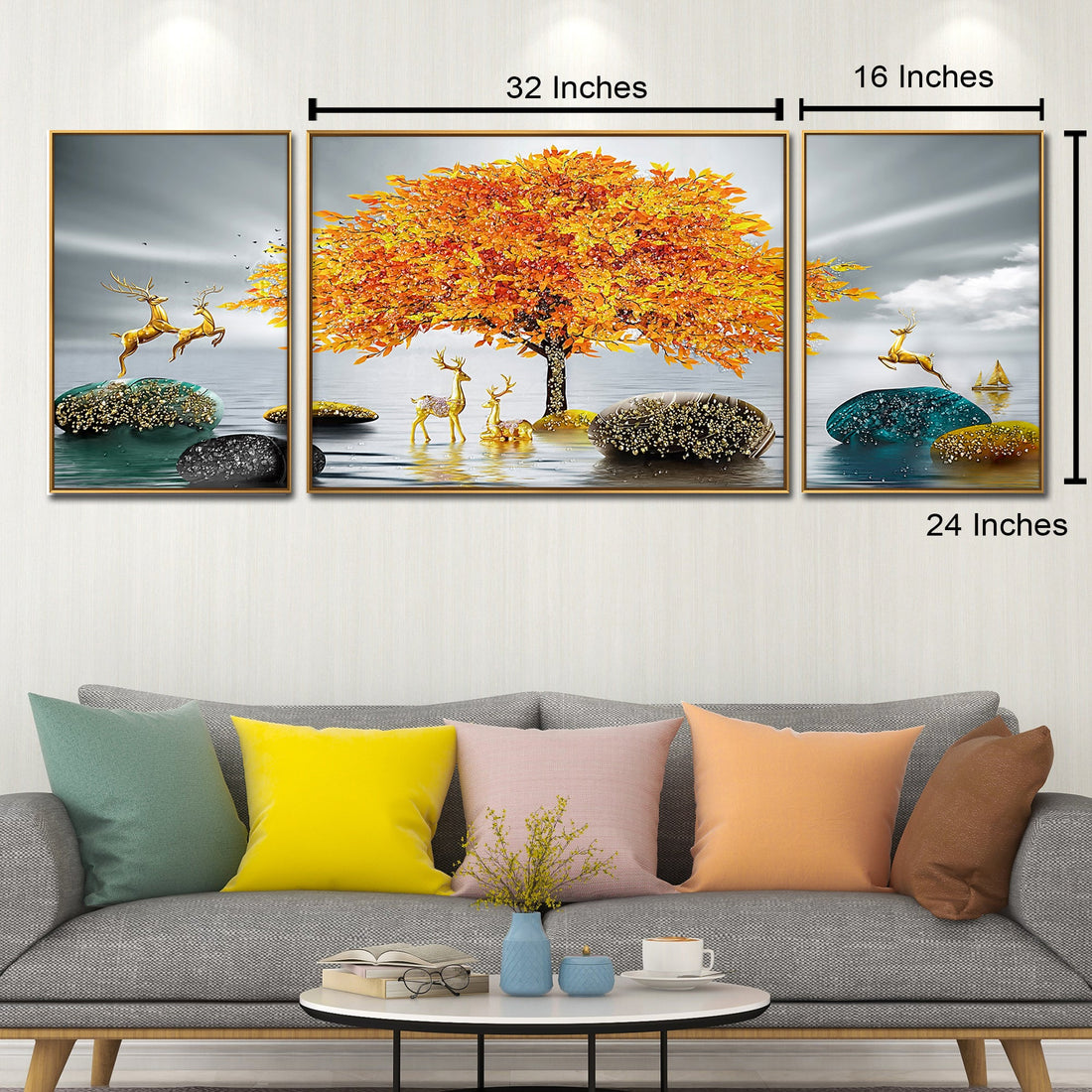 The Golden Glory Framed Crystal Glass Nature Painting - Set of 3 (B)