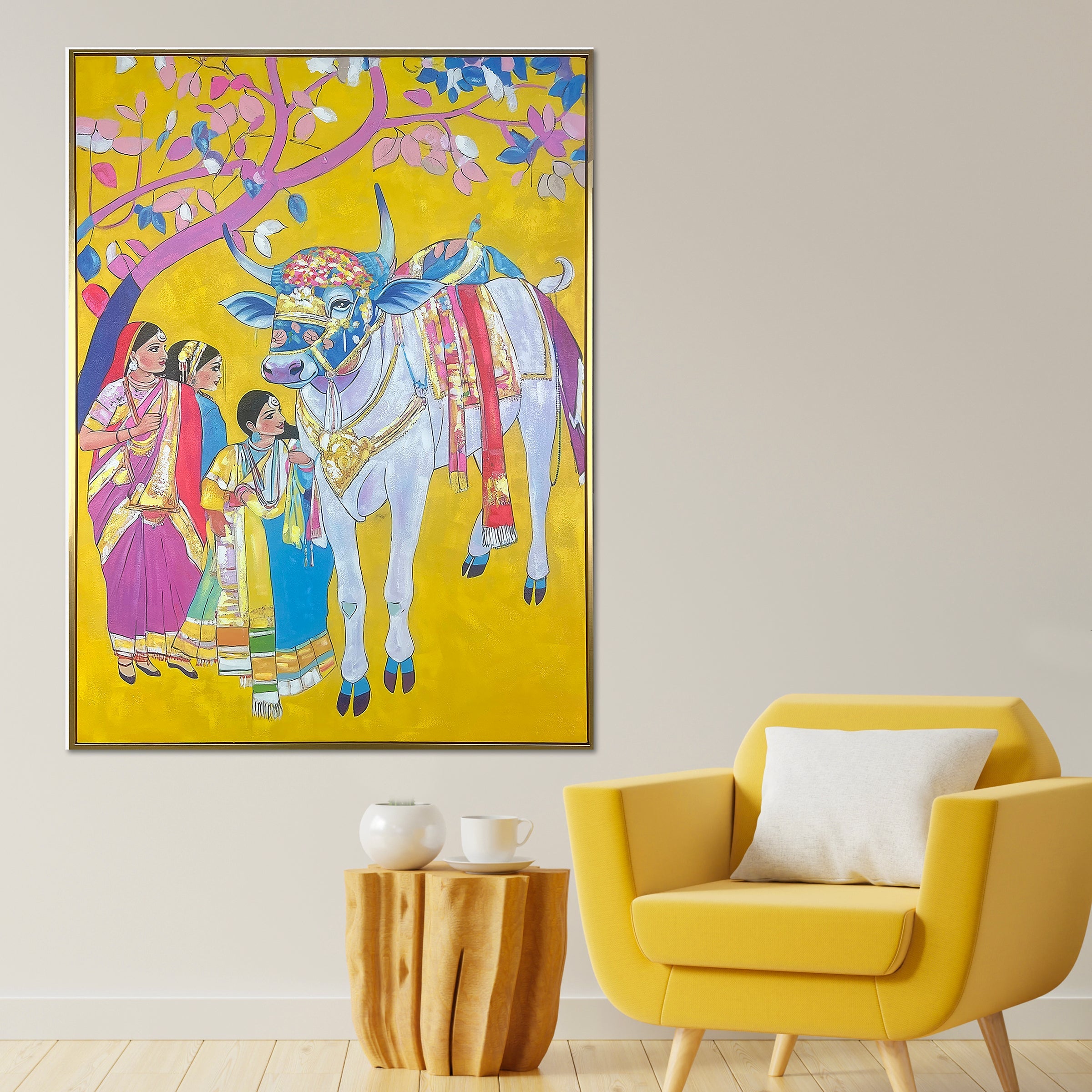 Palki Of Tradition Hand Painted Wall Paintings For Home (With Outer Floater Frame) (47 x 36 Inches)