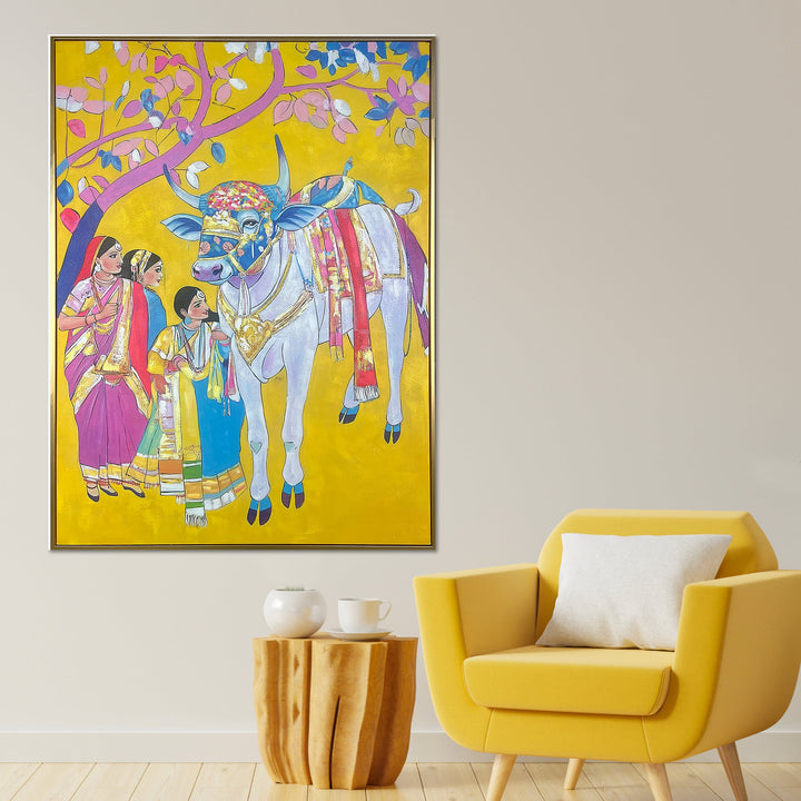 Palki Of Tradition Hand Painted Wall Paintings For Home (With Outer Floater Frame) (47 x 36 Inches)