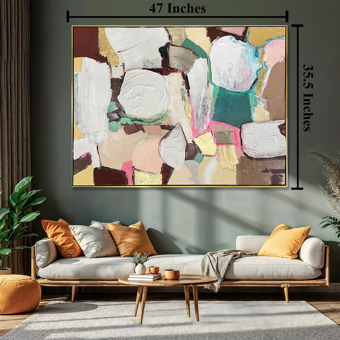 Colourful Abstract  Hand Wall Painting For Home (Comes With an Outer Floater Frame) (35.5 x 47 Inches)