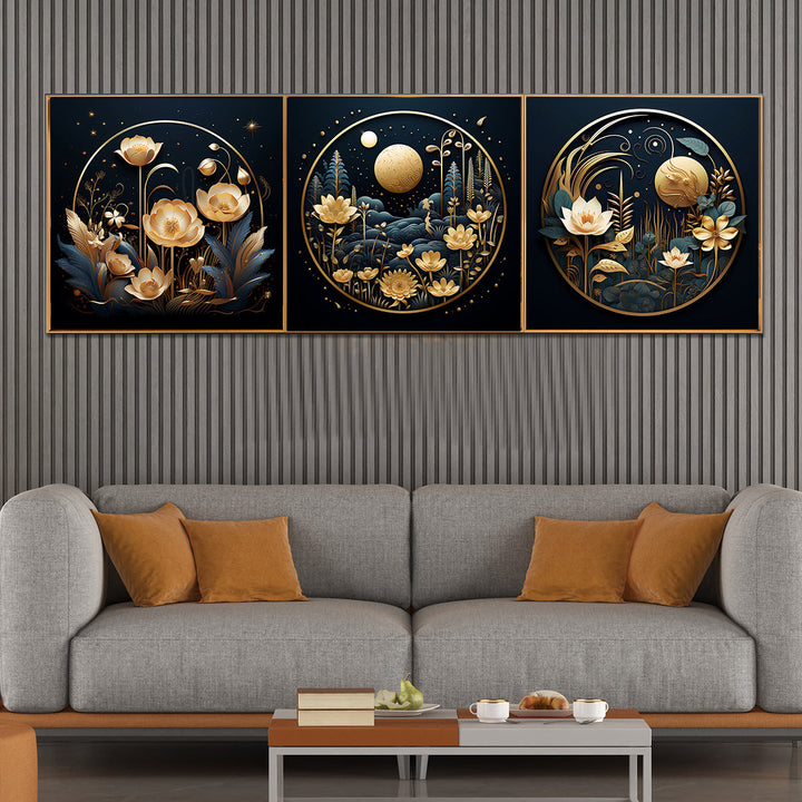 Floral Nightscapes Canvas painting for Home - Set Of 3