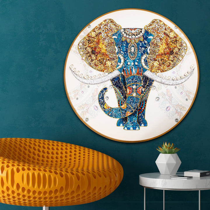 The Udaipur Elephant Framed Round Crystal Glass Decorative Colorful Paintings for Living Room & Wall Decoration items (Pearl Work)