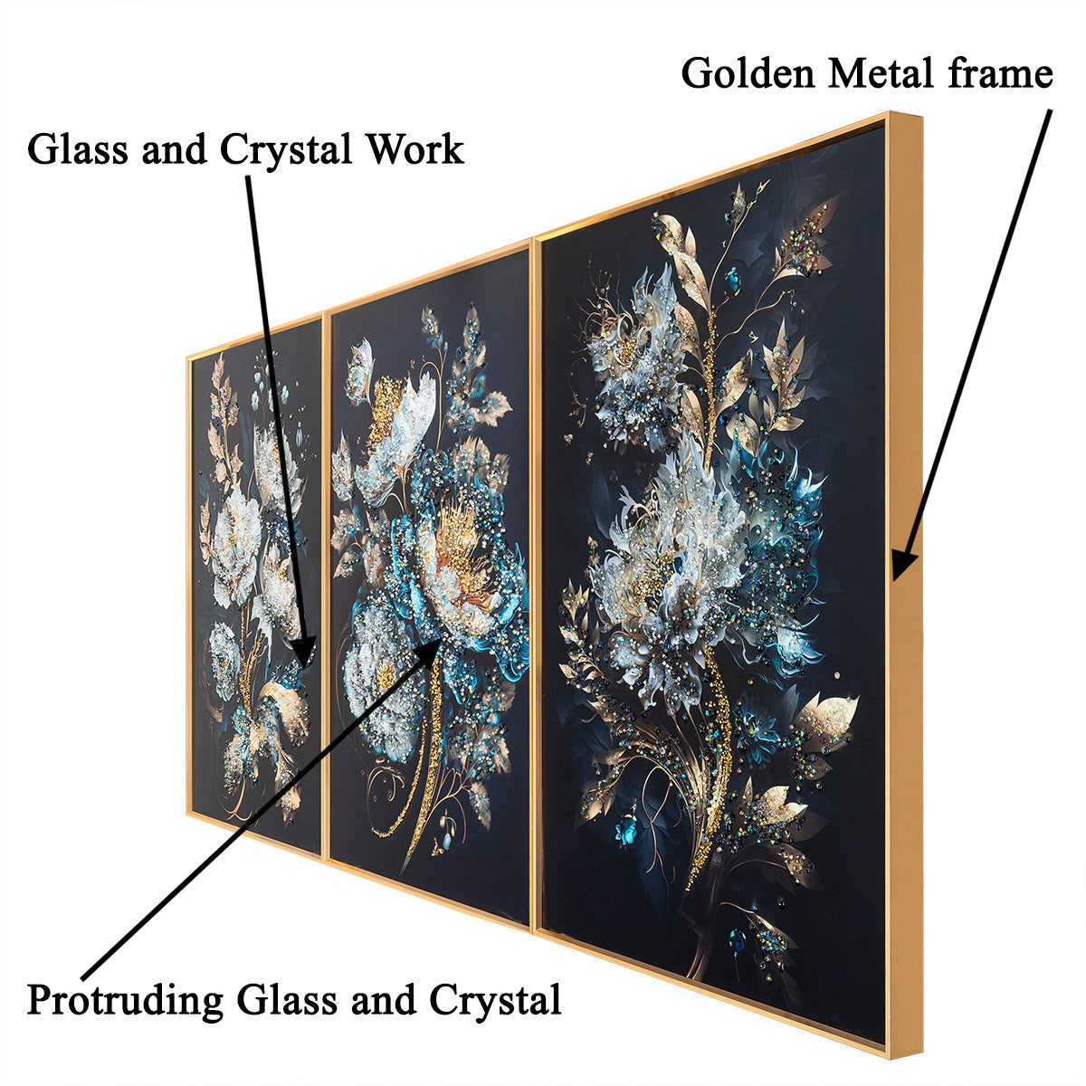 Heavenly Flora Crystal Glass Decorative Wall Painting for Home Decor - Set of 3