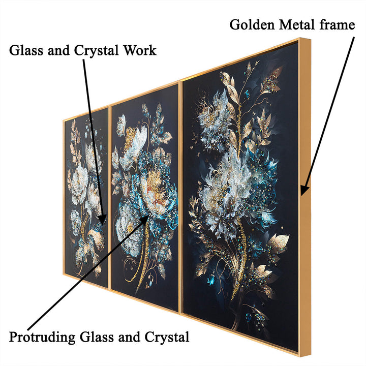 Heavenly Flora Crystal Glass Decorative Wall Painting for Home Decor - Set of 3