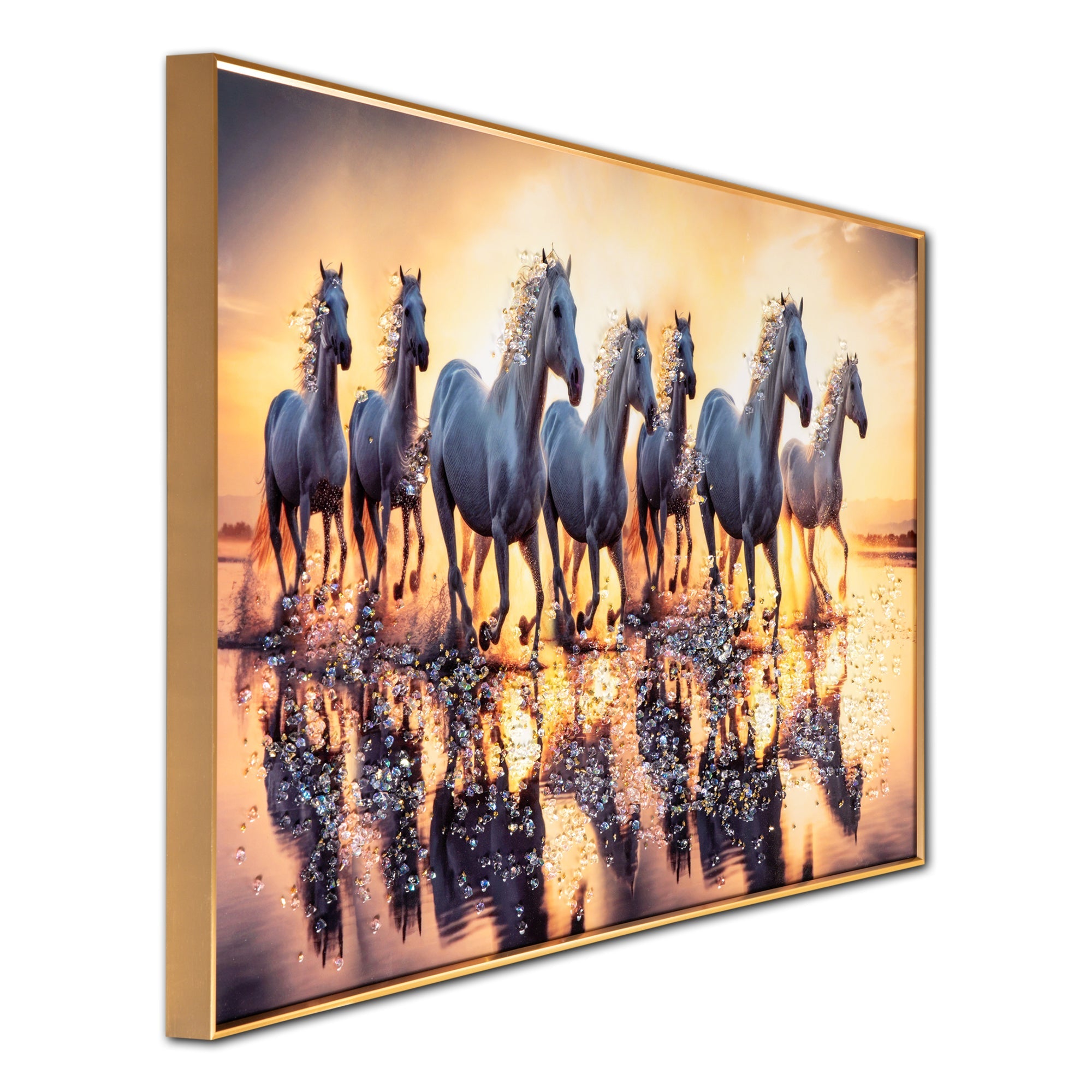 Seven White Running Horses at Sunrise Crystal Glass Painting - Medium