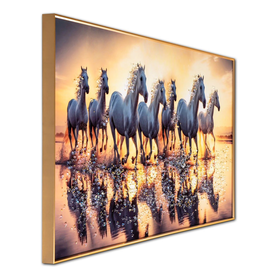 Seven White Running Horses at Sunrise Crystal Glass Painting - Medium
