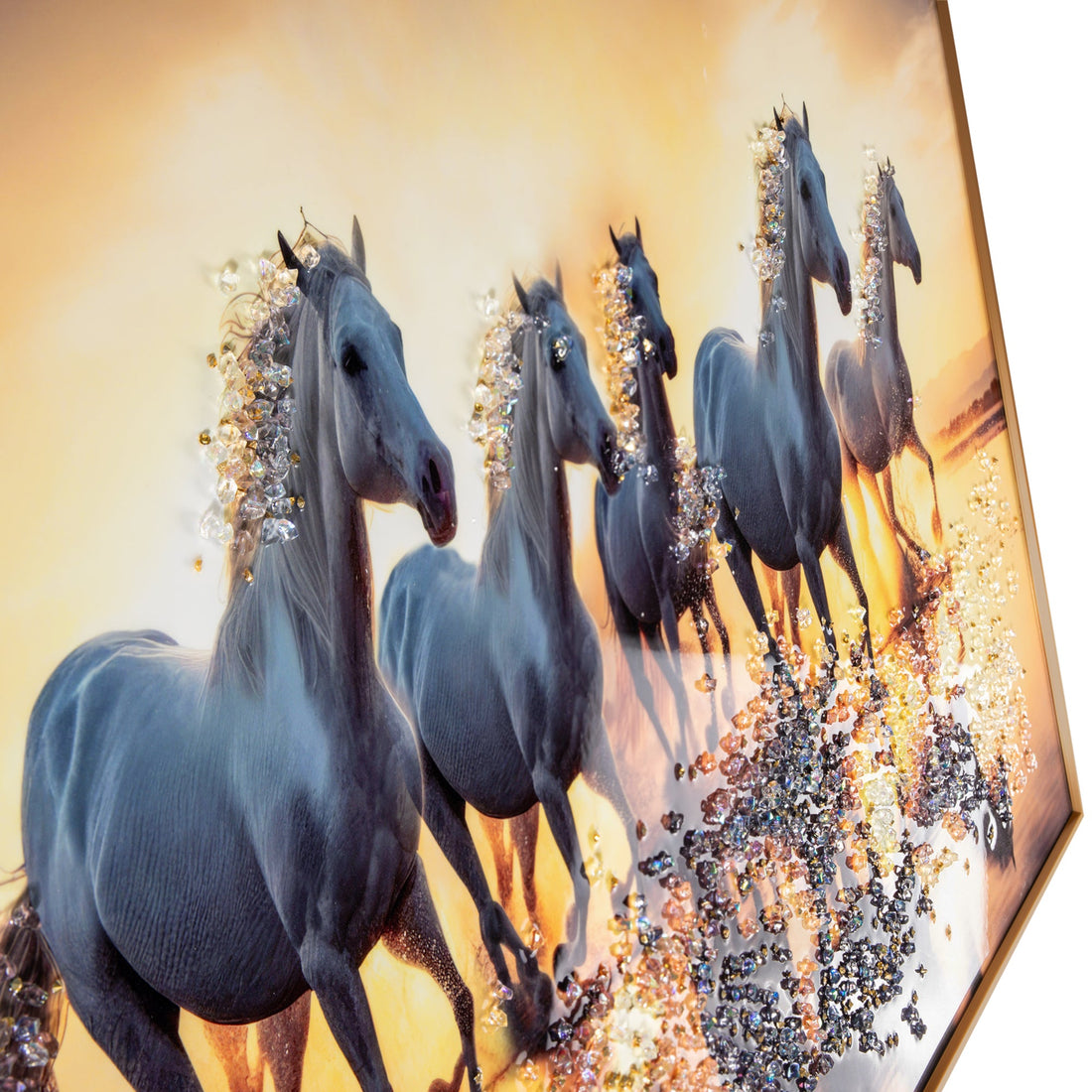 Seven White Running Horses at Sunrise Crystal Glass Painting - Medium