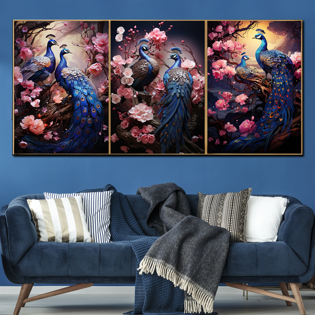 Harmonious Peacock Symphony Canvas paintings - Set Of 3