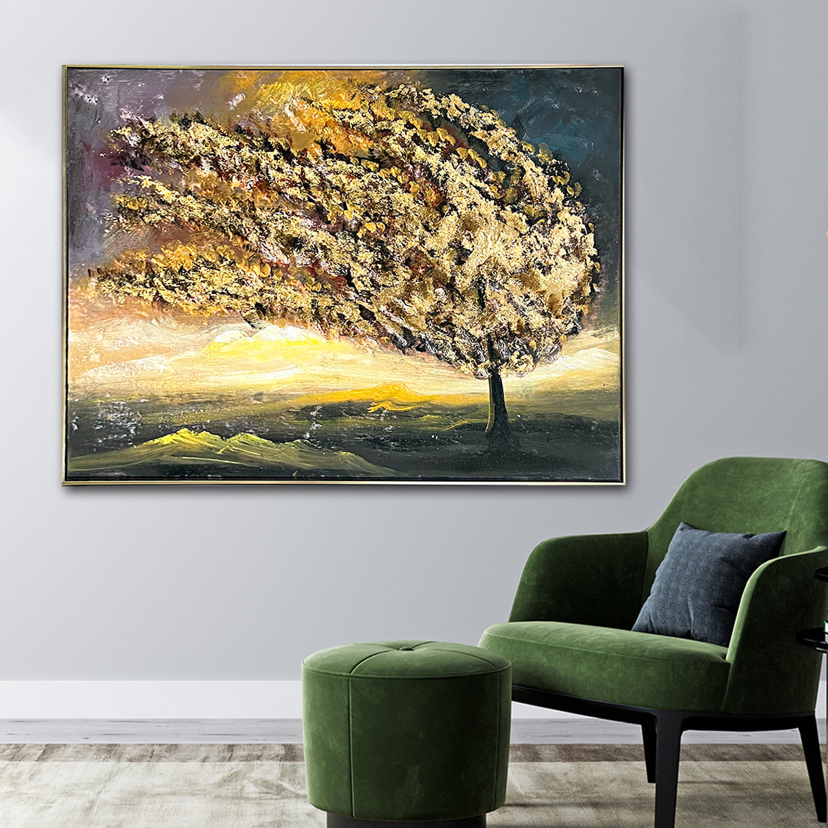 Golden Petals 100% Hand Wall Painting For Home (With Outer Floater Frame) (48 x 36 Inches)