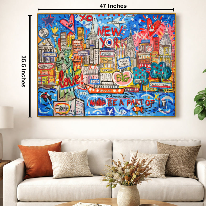 NYC Neon Love: A Vibrant Tribute to Manhattan’s Icons by Mercedes Lagunas 100% Hand Painted Wall Painting (With Outer Floater Frame frame) (35.5 x 47 Inches )