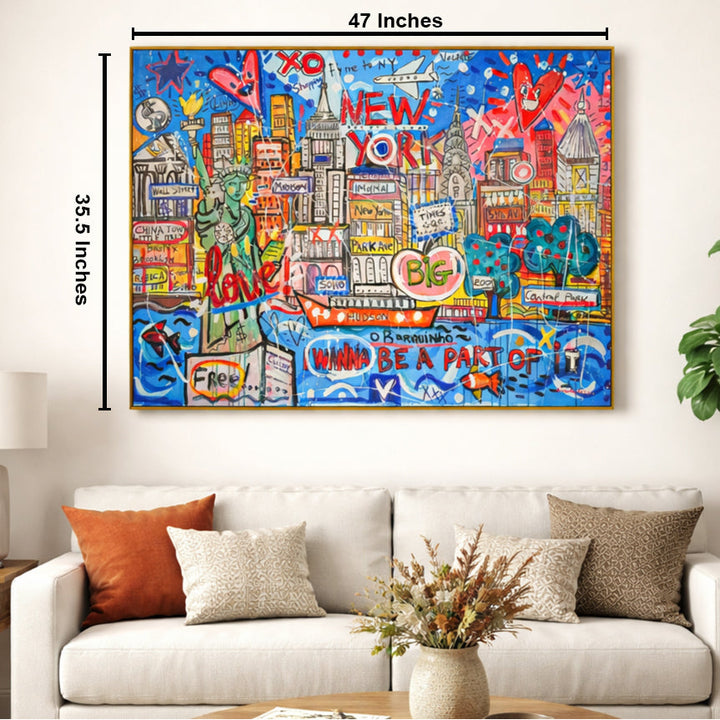 NYC Neon Love: A Vibrant Tribute to Manhattan’s Icons by Mercedes Lagunas 100% Hand Painted Wall Painting (With Outer Floater Frame frame) (35.5 x 47 Inches )