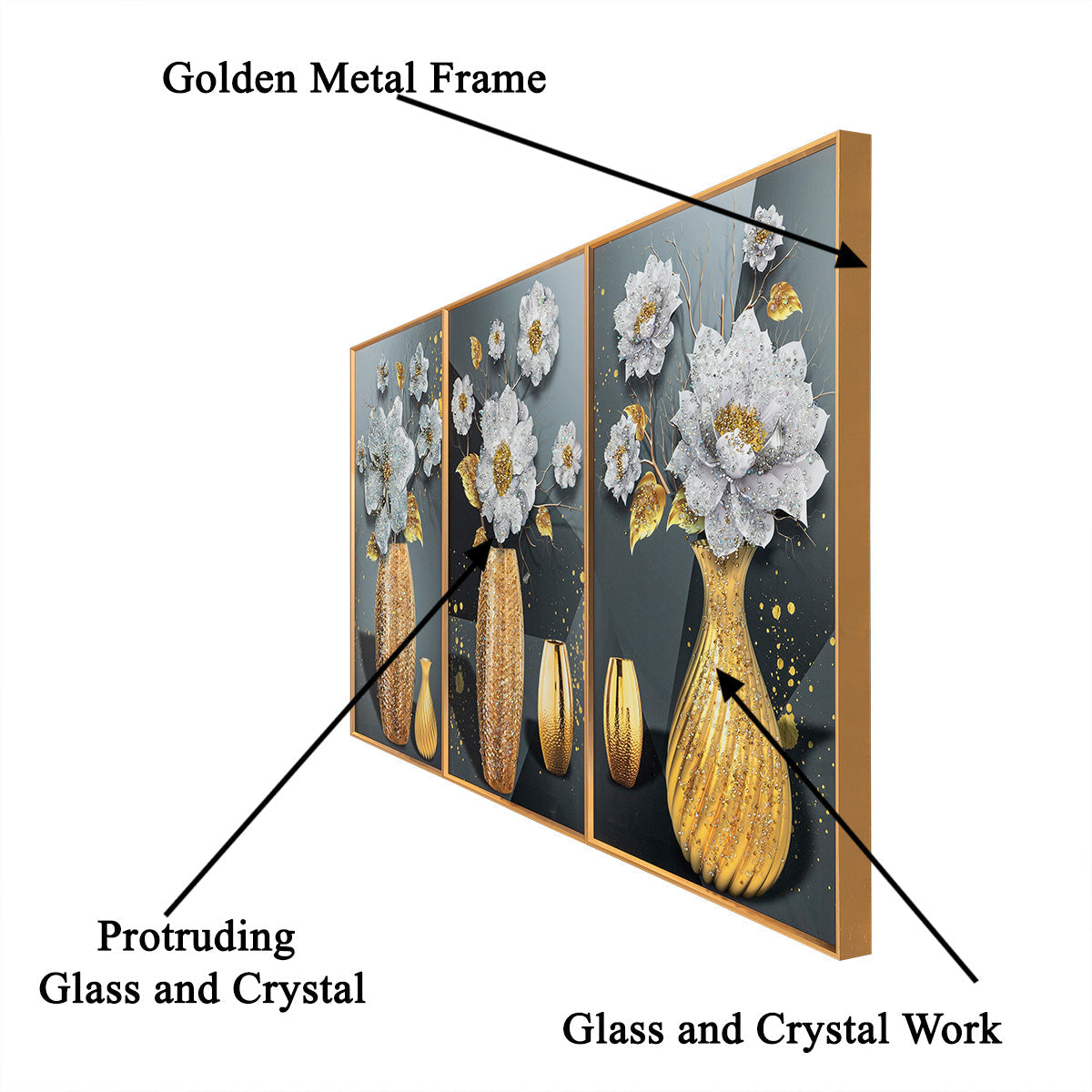 Divine Floral Dimensions Crystal Decorative Colorful Wall Painting for Home Wall - Set of 3