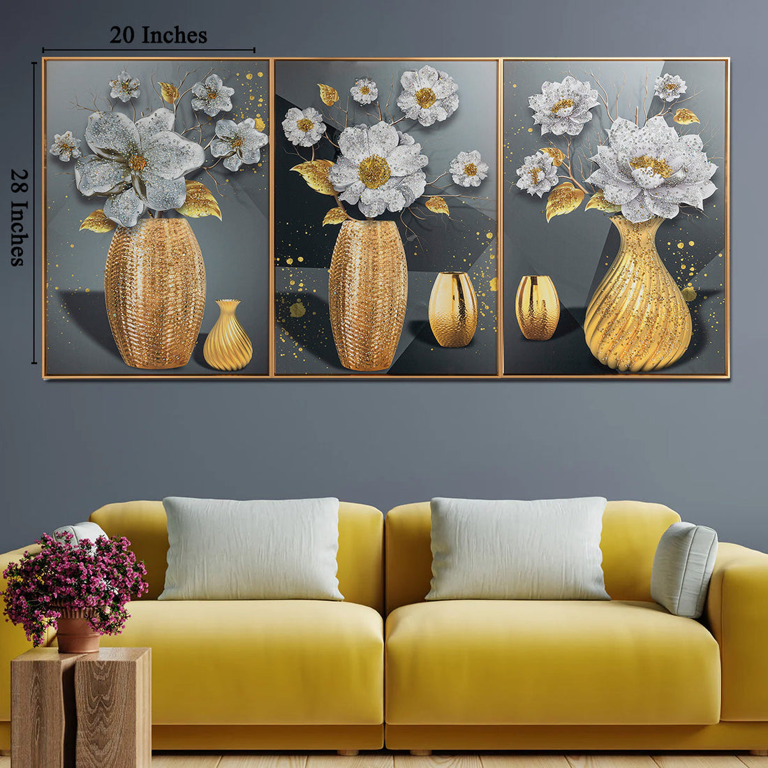 Divine Floral Dimensions Crystal Decorative Colorful Wall Painting for Home Wall - Set of 3