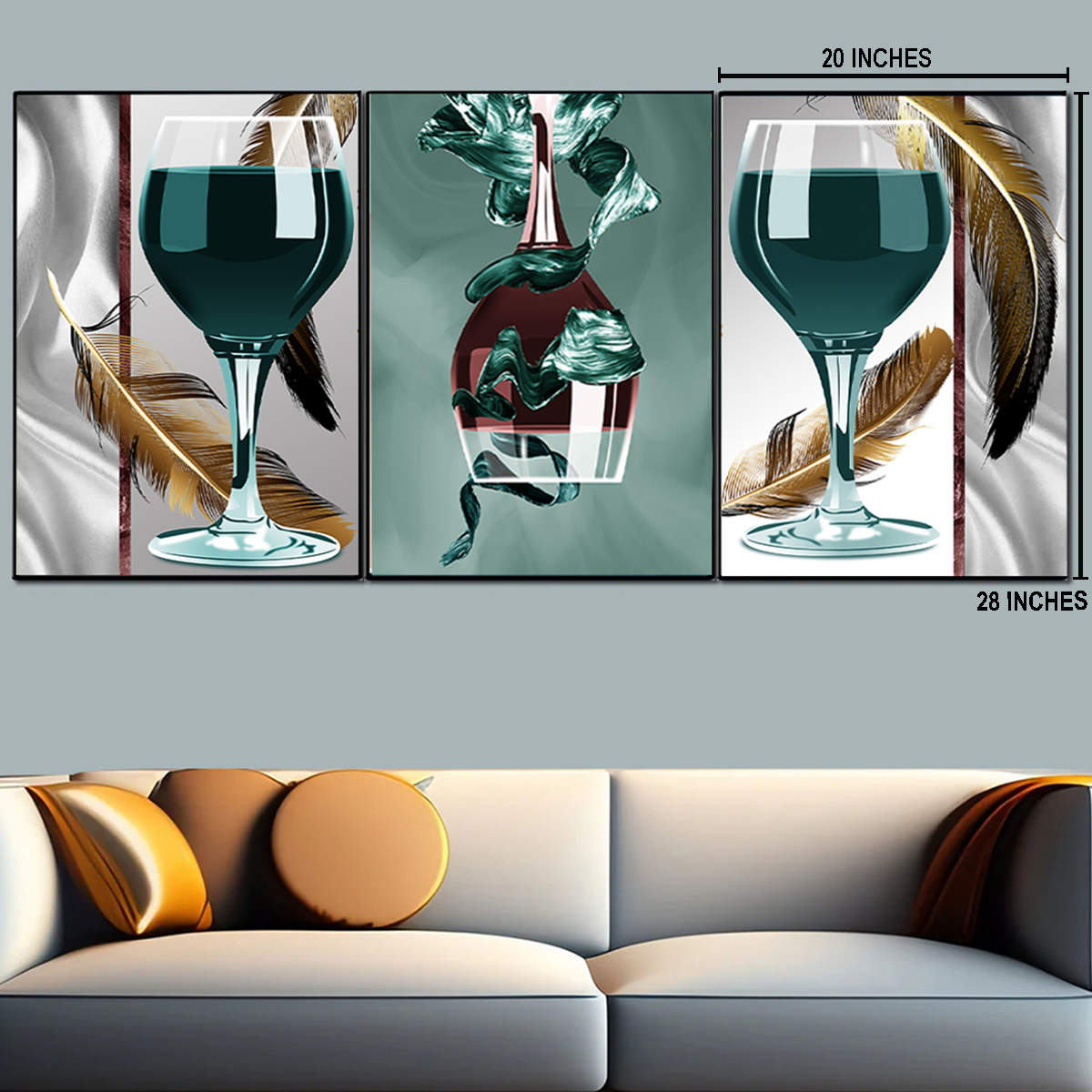 Wine and Feather Fusion Canvas Painting for Living Room - Set of 3