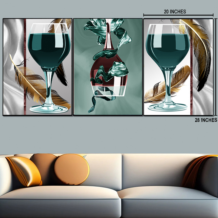 Wine and Feather Fusion Canvas Painting for Living Room - Set of 3