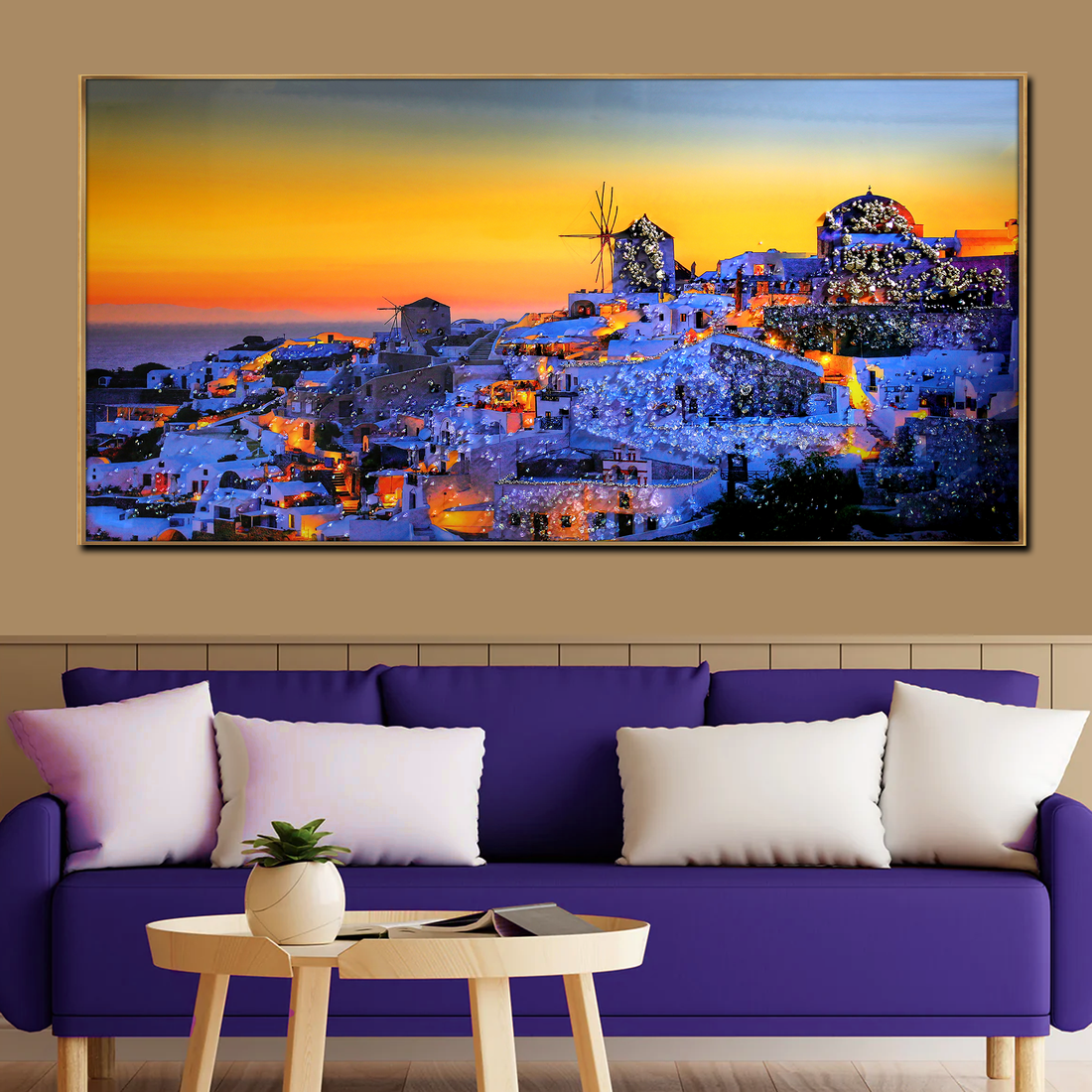Starry Santorini Nights Crystal Glass Art Wall Painting