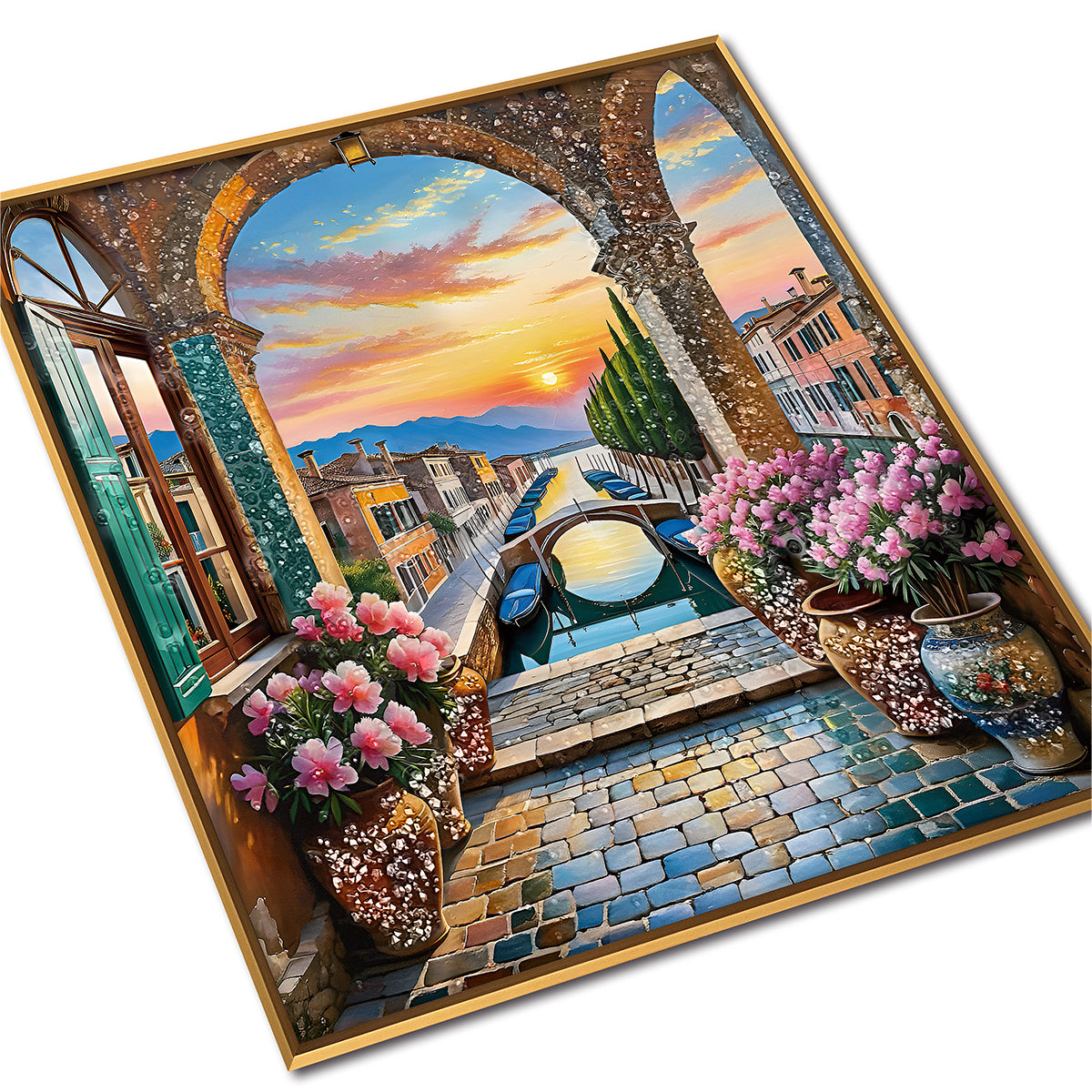 Blooming Sunset Pathway Crystal Glass Framed Wall Paintings For Home & Wall Decoration items