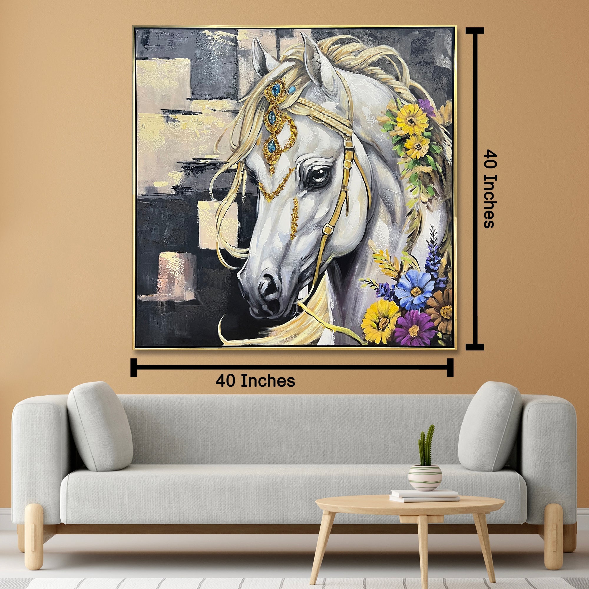The Royal Equine Hand painting painting for home Wall (With Outer Floater Frame) (40x40 Inches)
