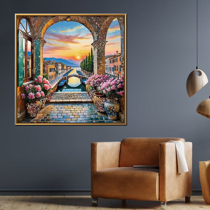 Blooming Sunset Pathway Crystal Glass Framed Wall Paintings For Home & Wall Decoration items