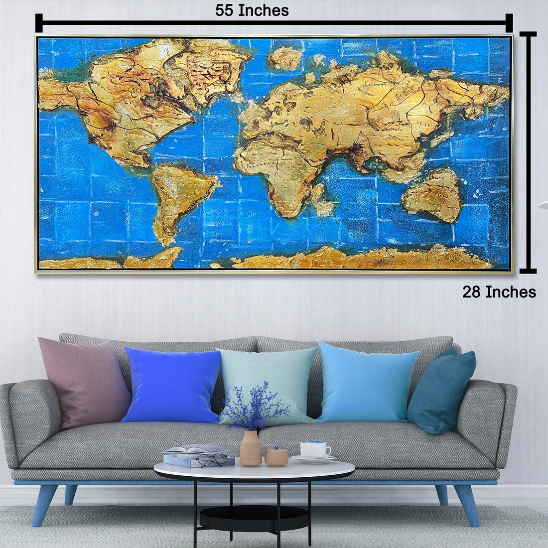 Global Odyssey World Map 100% Hand Painted Wall Painting (With Golden Outer Floater Frame frame) (27.5x55 Inches)