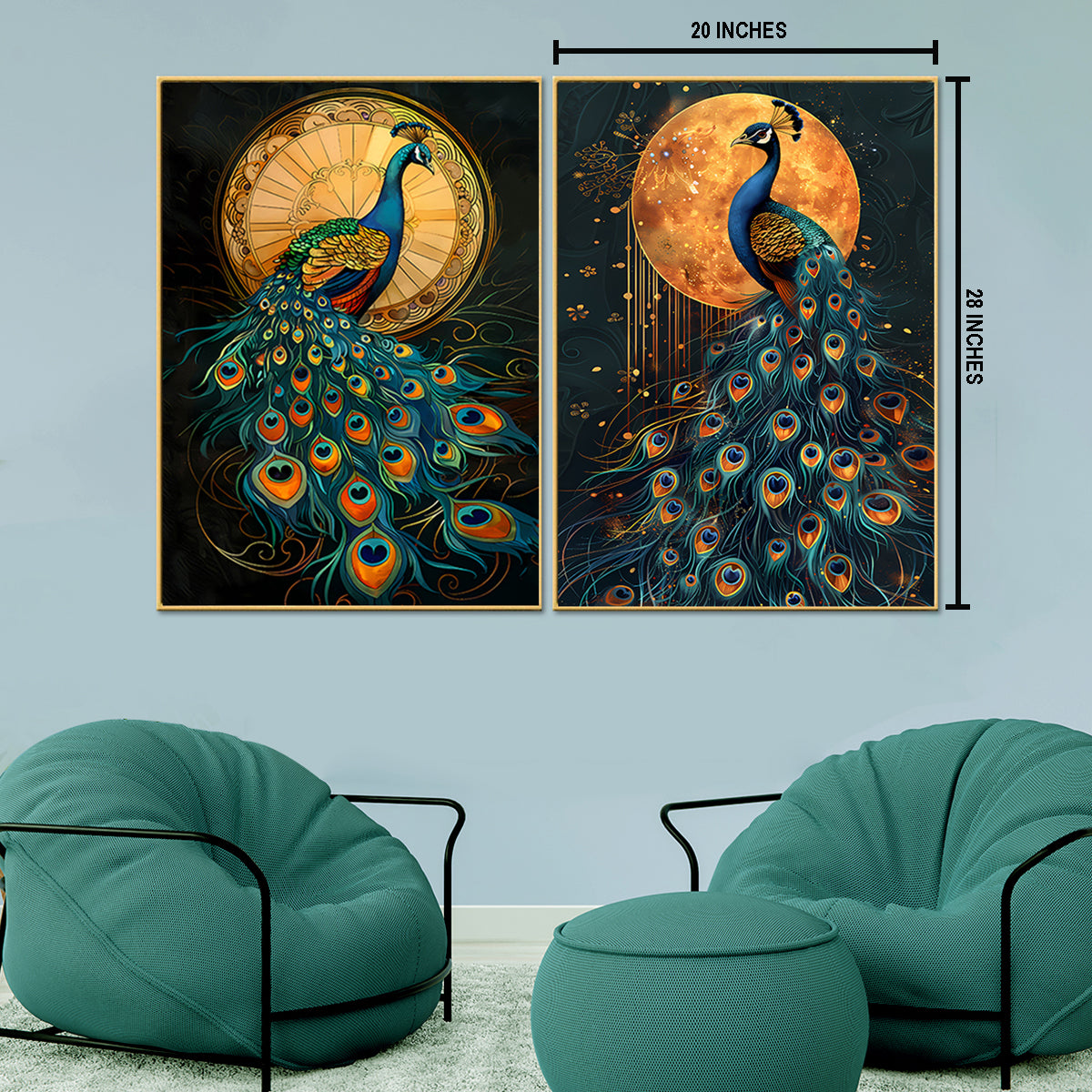 Sunlit and Moonlit Peacock  Canvas Paintings - Set of 2