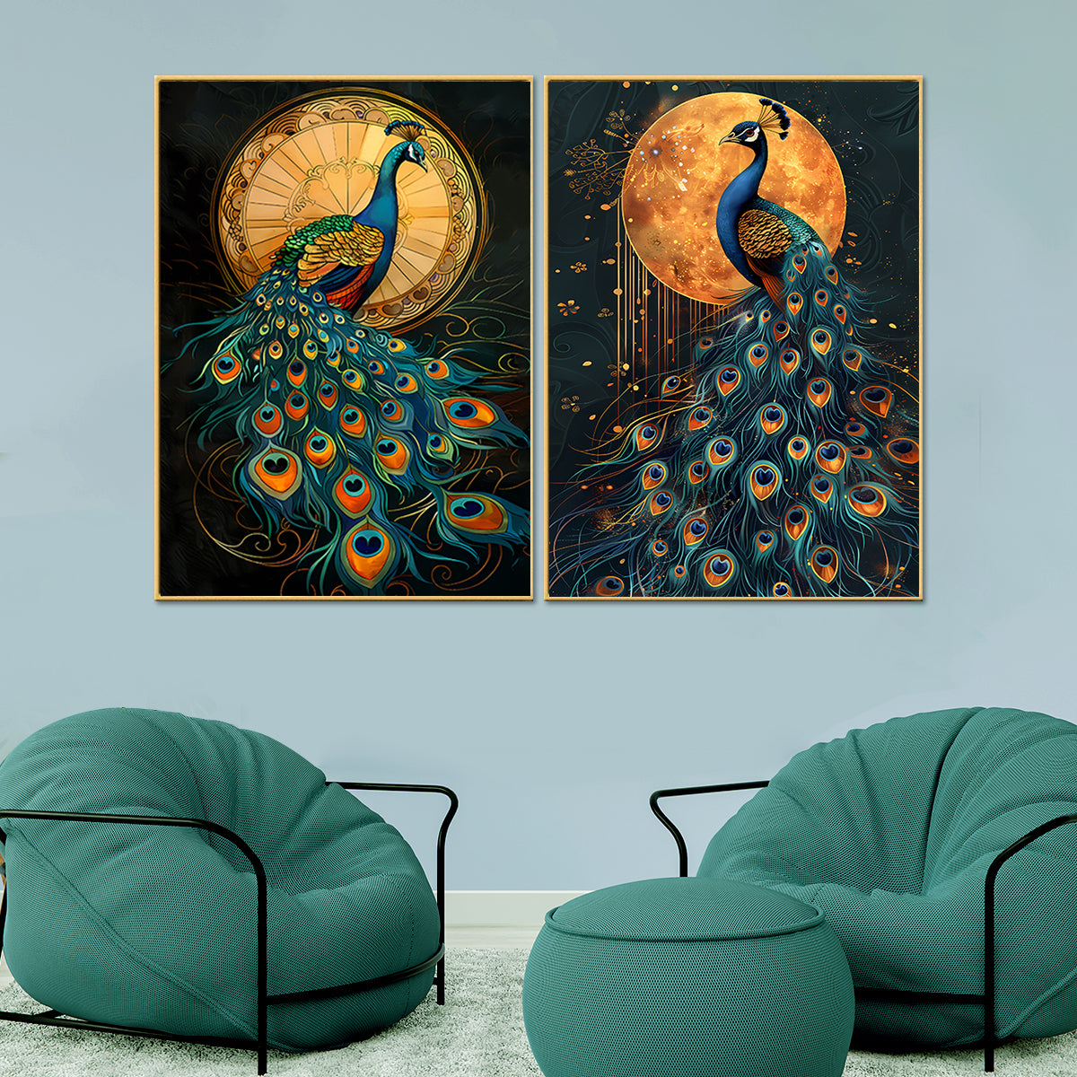 Sunlit and Moonlit Peacock  Canvas Paintings - Set of 2
