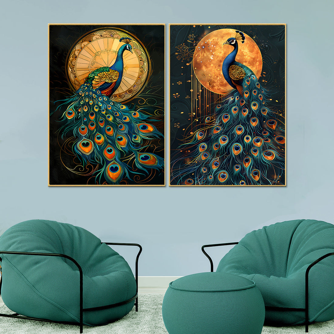 Sunlit and Moonlit Peacock  Canvas Paintings - Set of 2
