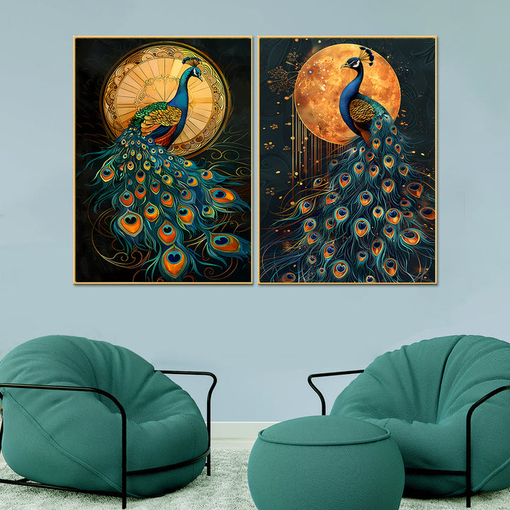 Sunlit and Moonlit Peacock  Canvas Paintings - Set of 2
