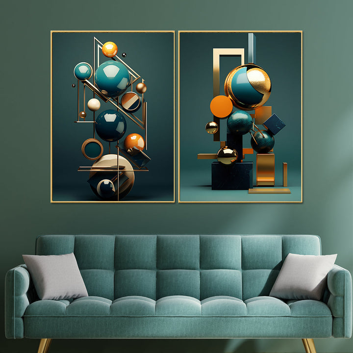 Futuristic Shapes Framed Canvas Painting & Wall Decoration Item - Set of 2