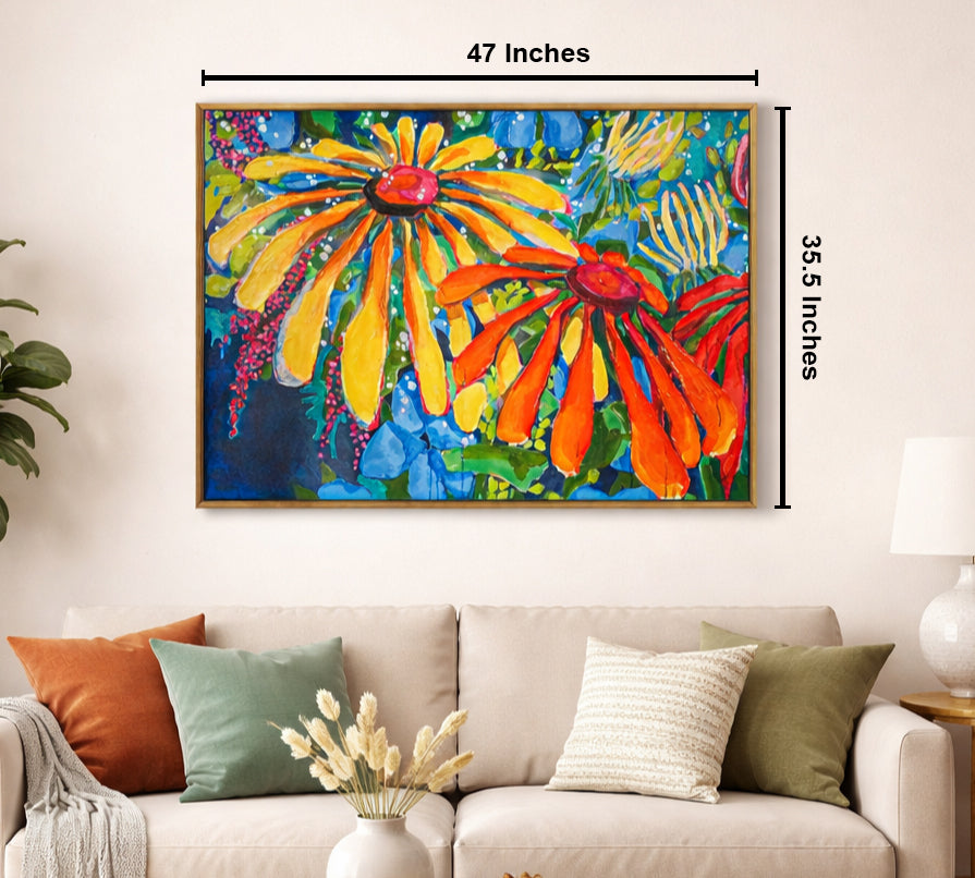 Vibrant Bloom Fiesta by Claire Desjardins 100% Hand Painted Wall Painting (With Outer Floater Frame frame) (35.5 x 47 Inches )