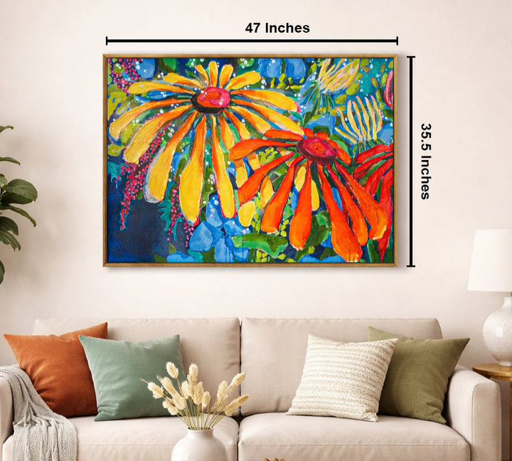 Vibrant Bloom Fiesta by Claire Desjardins 100% Hand Painted Wall Painting (With Outer Floater Frame frame) (35.5 x 47 Inches )