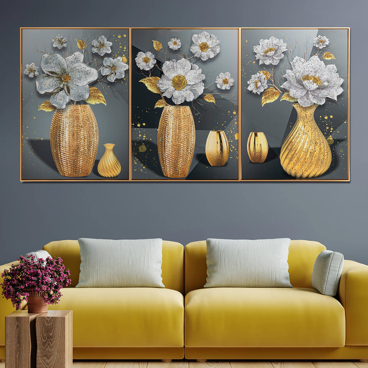 Divine Floral Dimensions Crystal Decorative Colorful Wall Painting for Home Wall - Set of 3