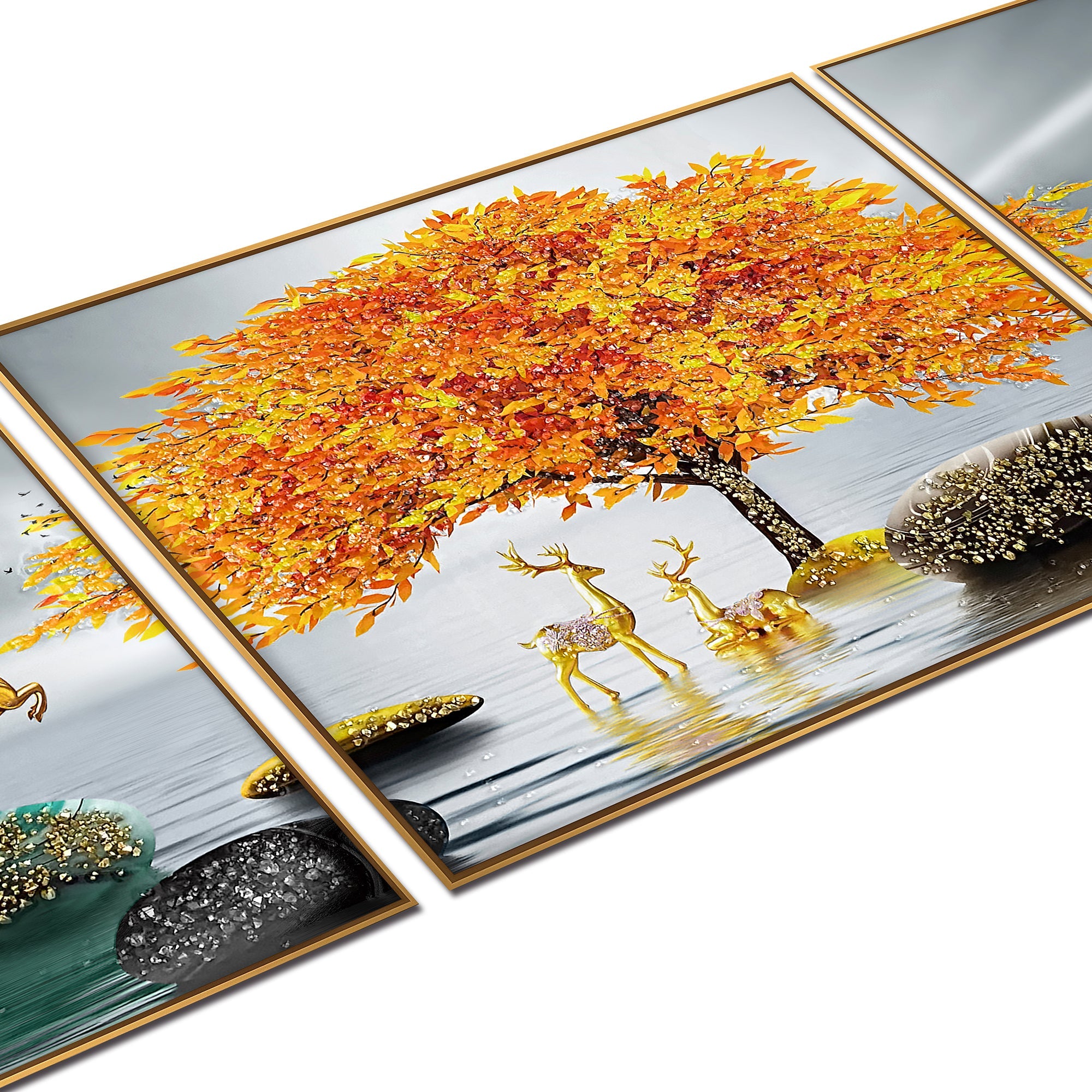 The Golden Glory Framed Crystal Glass Nature Painting - Set of 3 (B)