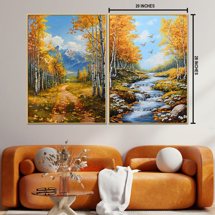 Autumn Pathways Framed Canvas Painting & Wall Decoration Item - Set of 2