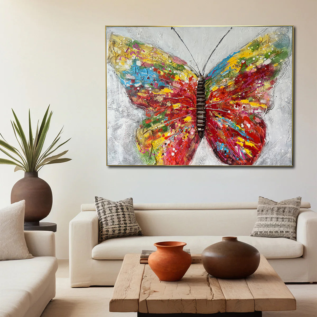 Colorful Butterfly 100% Hand Wall Painting For Home (outer Floater Frame ) (48 x 36 Inches)